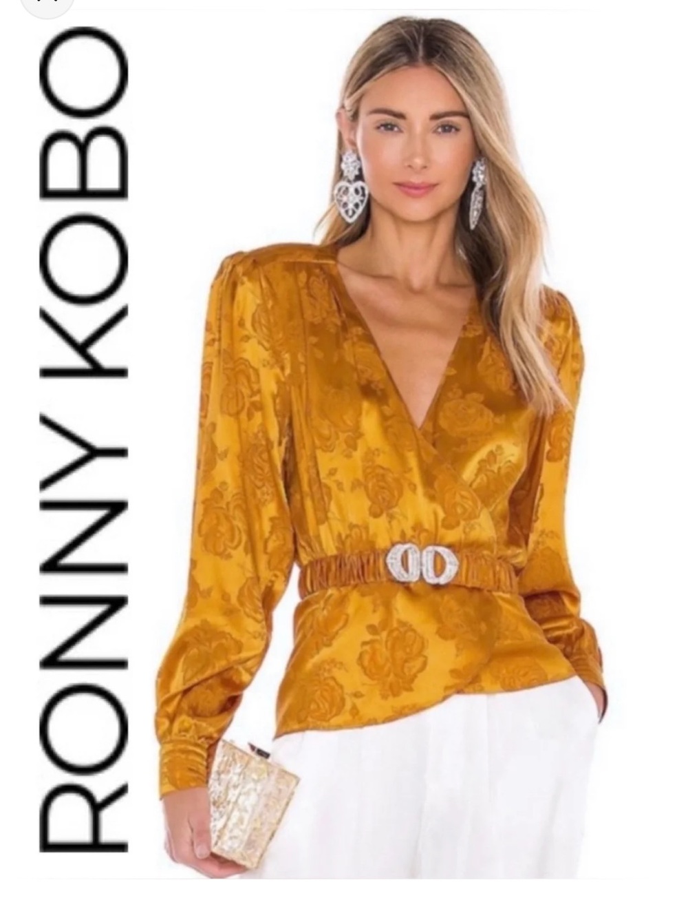 Ronny Kobo Collection Amber Gold Satin Floral Belted Wrap Top